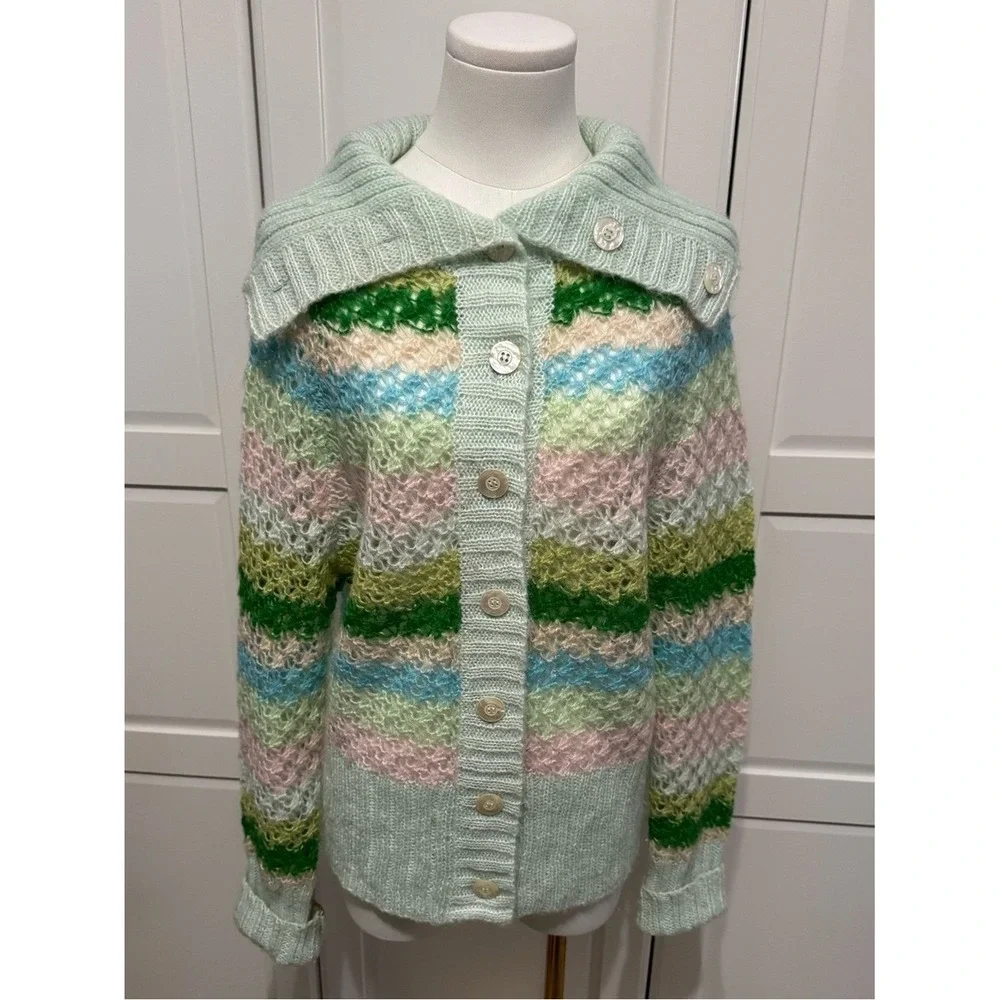 Free People‎ Stripe Cardigan Pastel Green, Pink, Blue Shawl Collar Wool Blend M